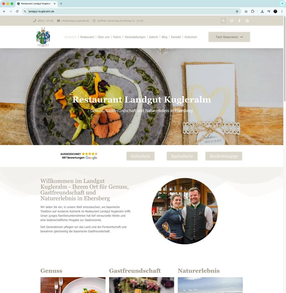 Website Landgut Kugleralm, Restaurant und Eventlocation, von AINOVORA betreut