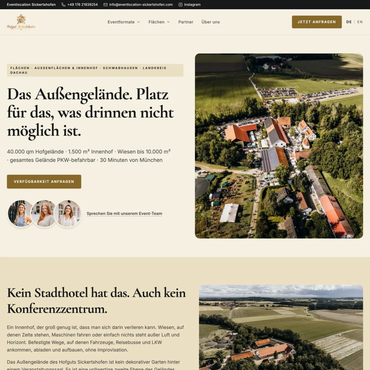 Außenflächen-Seite der Eventlocation Hofgut Sickertshofen mit Luftaufnahmen des Geländes