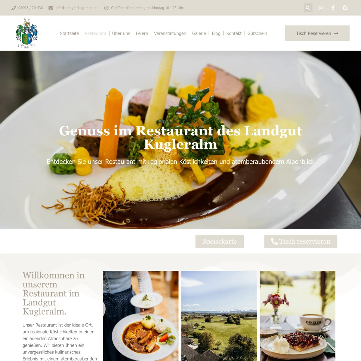 Restaurant-Seite des Landgut Kugleralm mit Gerichten und Speisekarte